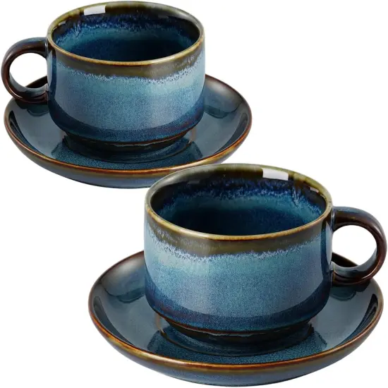 Ceramics 10oz Cappuccino Cups with Sacuer, Set of 2, Coffee Cup for Au Lait, Latte, Tea, Mocha-Set of 2, Dishwasher and Microwave, Reactive Blue {1}