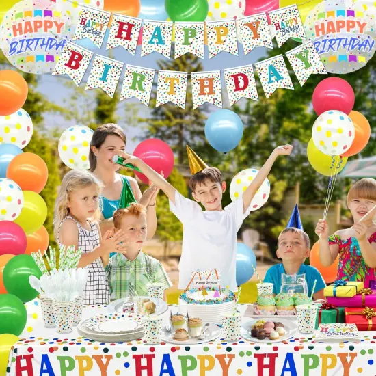 212 PCS Rainbow Party Supplies - Colorful Balloons, Polka Dot Banner, Fringe Curtains, Cake Topper, Plates, Napkins, Cups and Tablecloth for Kid Confetti Sprinkle Party Decorations, Serve 20 Guests {5}
