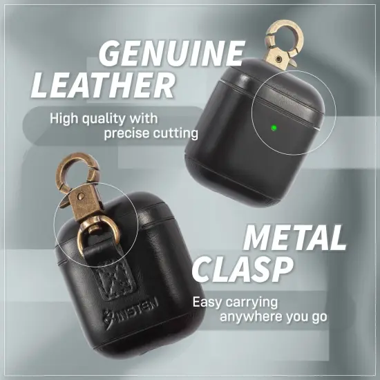 Insten Genuine Leather Case Compatible with Airpods 2 & 1 Carrying Case with Anti Loss Keychain Hook, Front LED Light Visible, Full Body Protective Skin Cover For Women Men Girls Boys, Black {2}