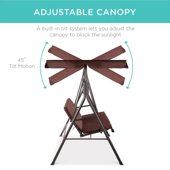 Best Choice Products 2-Person Outdoor Large Convertible Canopy Swing Glider Lounge Chair w/ Removable Cushions Brown {3}