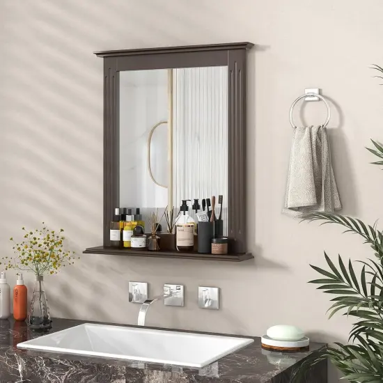 Rectangular MDF Bathroom Wall Mirror with Shelf and Adjustable Frame Wood Finish for Small Spaces Dark Brown {5}