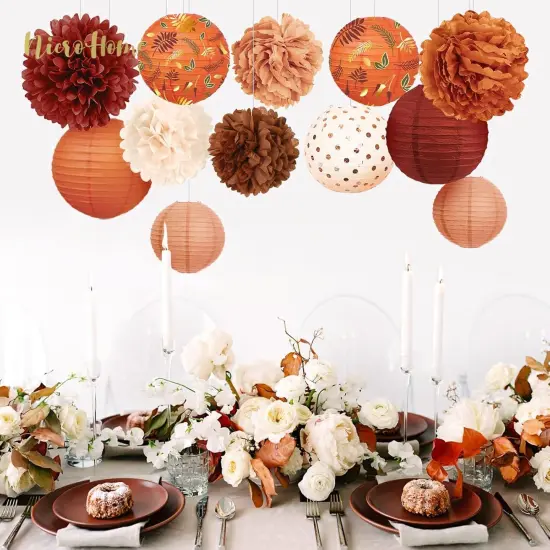Wedding Decorations, 12 PCS Carmine Rust Orange Light Brown Tissue Paper Pom Poms and Lanterns for Rustic Classical Wedding, Baby Bridal Shower, Retro Party, New Year Party {3}