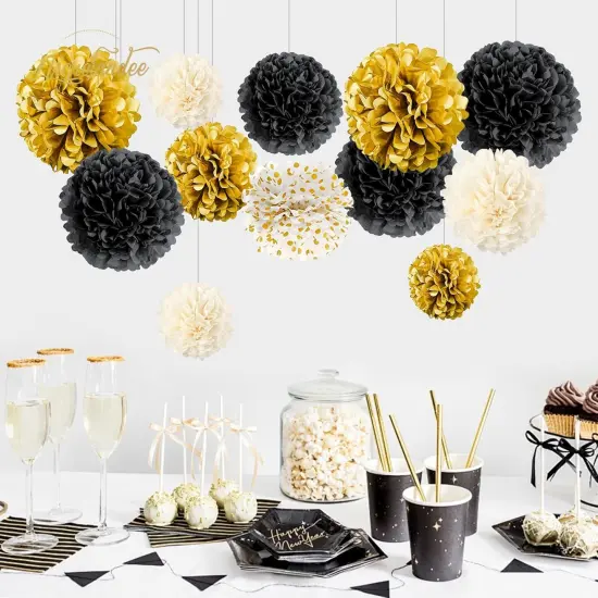 Black Gold Party Decorations - 12 PCS Black Gold White Tissue Paper Pom Poms for Wedding, Birthday, Bridal Shower, Prom, Graduation, Festival Decorations, 2025 New Years Decor {4}