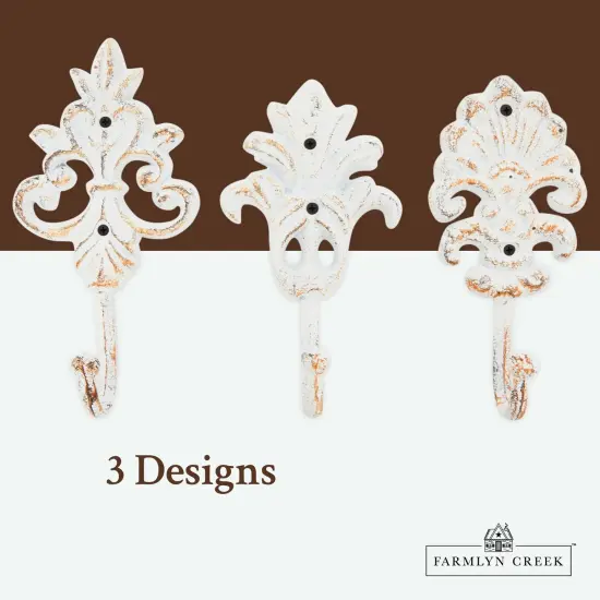 Set of 3 Cast Iron Wall Hooks, French Country Farmhouse Design, Includes Screws and Anchors (6.5 In, White) {5}