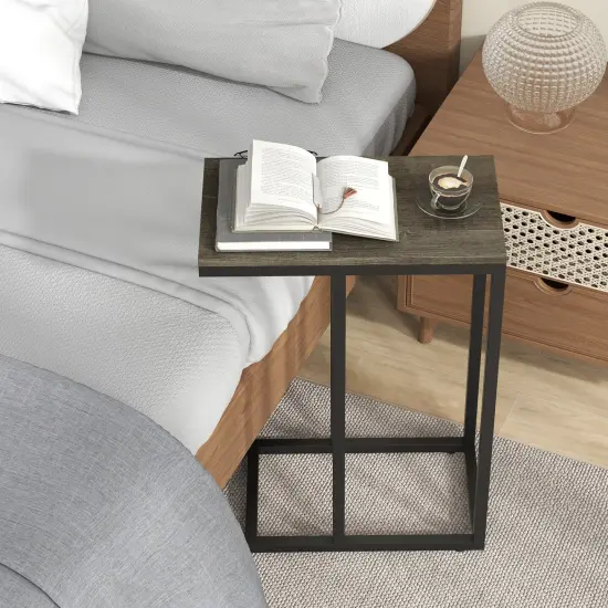 Black Metal C-Shaped Side Table with Sturdy Frame and Space-Saving Design Oak {6}