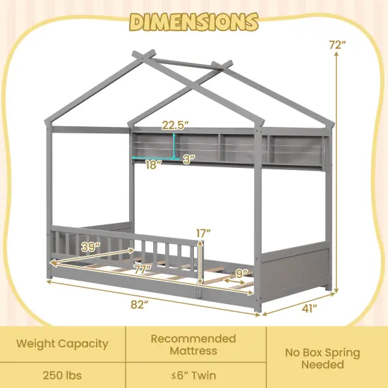 Twin Floor Bed with House Frame, Storage Shelf, Guardrails, Montessori Design, and Solid Wood Construction Grey {4}