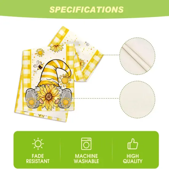 Yellow Buffalo Plaid Sunflower Gnome Bee Summer Table Runner, Spring Kitchen Dining Table Decoration for Home Party Decor 13x72 Inch {5}