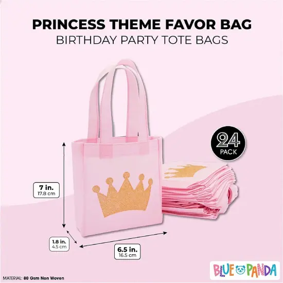 BLUE PANDA 24 Pack Princess Party Goodie Bags for Girls - Pink Canvas Pouches - Reusable & Non-Woven Crown Treat Pouches - Bags for Princess Birthday Party Decorations - 6.5 x 7 x 2 In, Ages 3-14 {2}