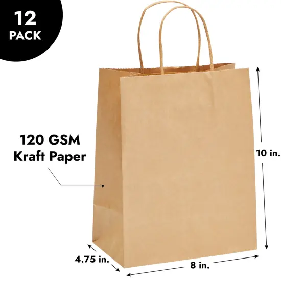 12 Pack Medium Paper Bags with Handles, Bulk Brown Bags for Party Favors, Goodies (8 x 4.75 x 10 In) {4}