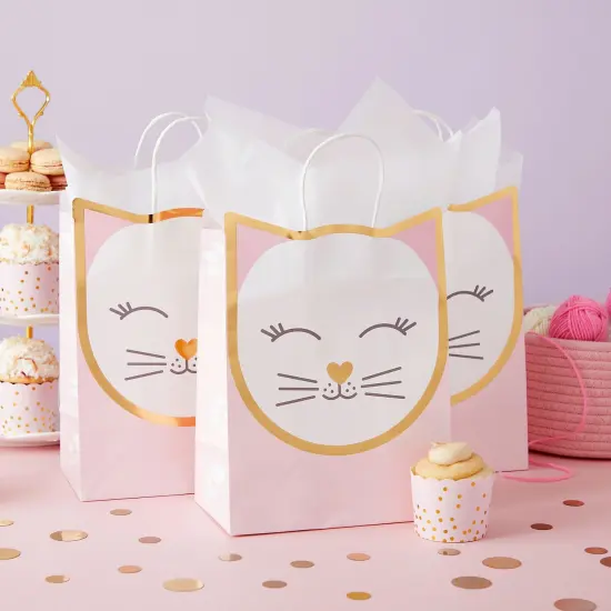 15 Pack Cat Gift Bags for Birthday Party Favors w/ 20 Sheets of Tissue Paper, 8 x 10 x 4.7 in Pink {2}