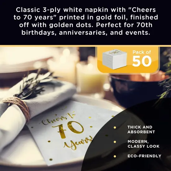 Cheers to 70 Years Cocktail Napkins | Happy 70th Birthday Decorations for Men and Women and Wedding Anniversary Party Decorations | 50-Pack 3-Ply Napkins | 5 x 5 inch folded (White) {5}