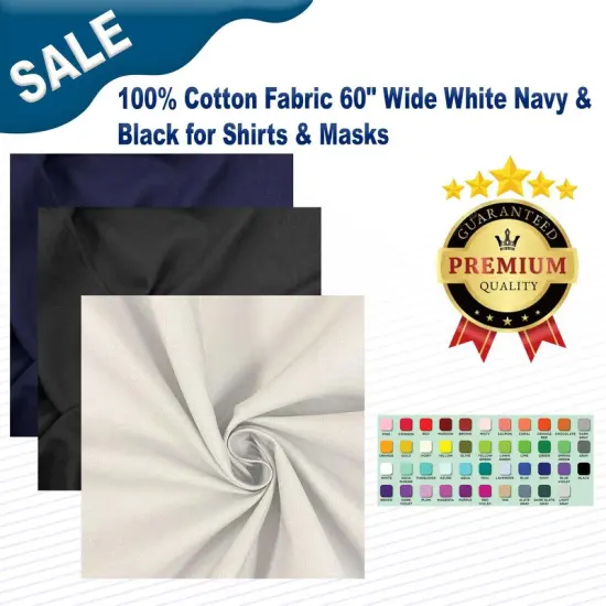 100% Cotton Fabric 60" Wide White Navy & Black for Shirts & Masks {2}