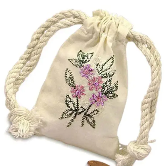 Compact Botanical Embroidered Cotton Muslin Pouch 3" x 5" {5}