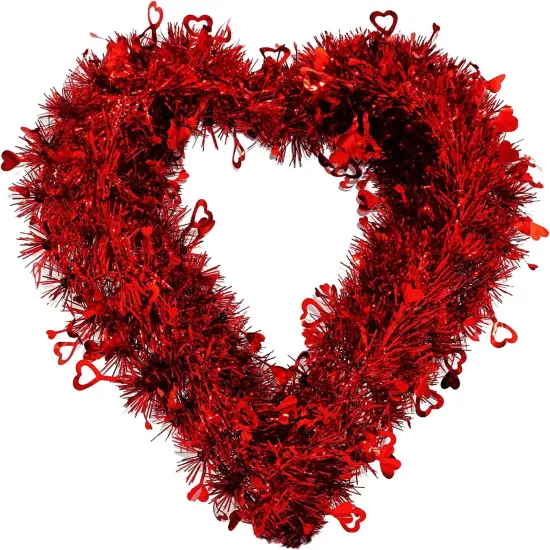 4E's Novelty 14" Valentines Wreath - Tinsel Wreath with Red Heart Design, Perfect Front Door Wreath, Sparkly Hanging Wreath for Romantic Decor {1}