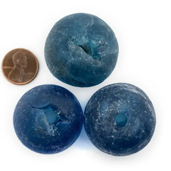 The Bead Chest Super Jumbo Light Blue Recycled Glass Bead 33mm Ghana African Sea Glass Round Large Hole Handmade Fair Trade {2}