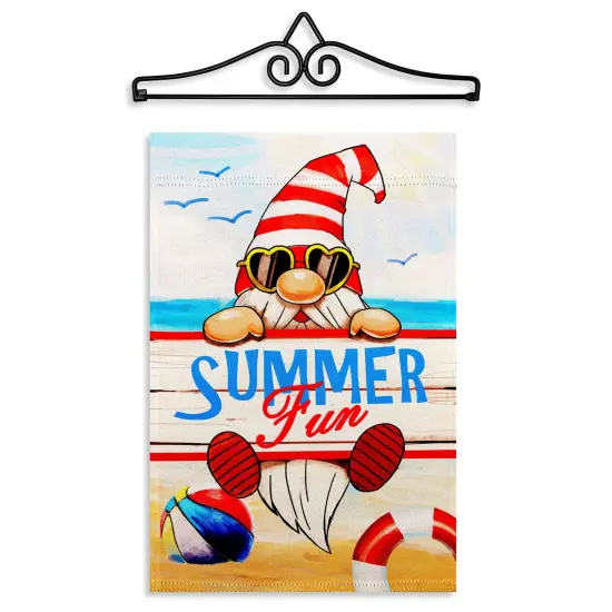 G128 Combo Pack Garden Flag Hanger 14IN & Garden Flag Summer Fun Gnome Printed 12x18IN Double Sided {1}