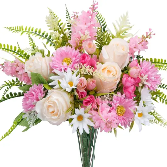 Artificial Flowers Fake Roses Flower Bouquet 13Pcs Silk Flowers with Gerbera Daisy Spring Florals Arrangements for Spring Table Centerpiece Home Wedding Farmhouse Decor（14.96"，Pink） {1}