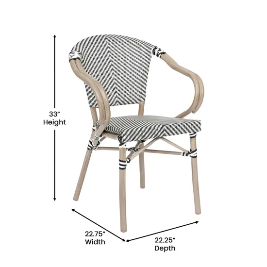 Merrick Lane Mael Set of Two Stacking Thonet Bistro Style Chair with Arms, Textilene Seat, and Bamboo Finished Metal Frame for Indoor/Outdoor Use Black/Natural Frame {11}