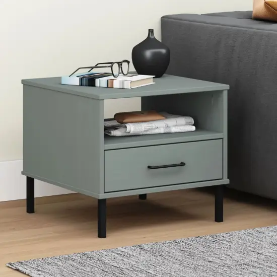 vidaXL Bedside Table with Metal Legs Gray Solid Wood Pine OSLO {1}