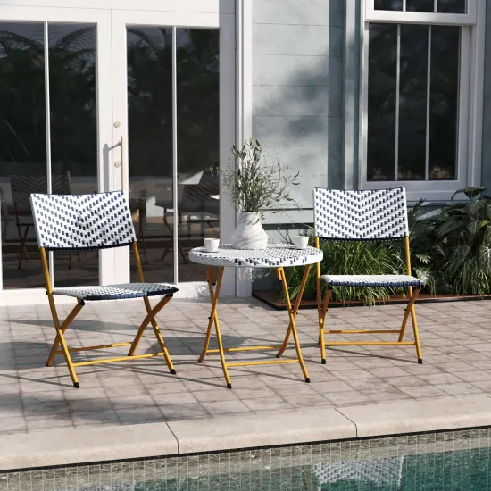 Emma and Oliver Ciel Three Piece Folding Bistro Set in PE Rattan with Metal Frames for Indoor and Outdoor Use Navy & White {1}