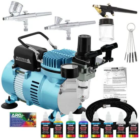 Cool Runner II Dual Fan Air Compressor Airbrushing System Kit with 3 Airbrushes, 6 Primary Opaque Colors Acrylic Paint Artist Set - How To Guide {1}