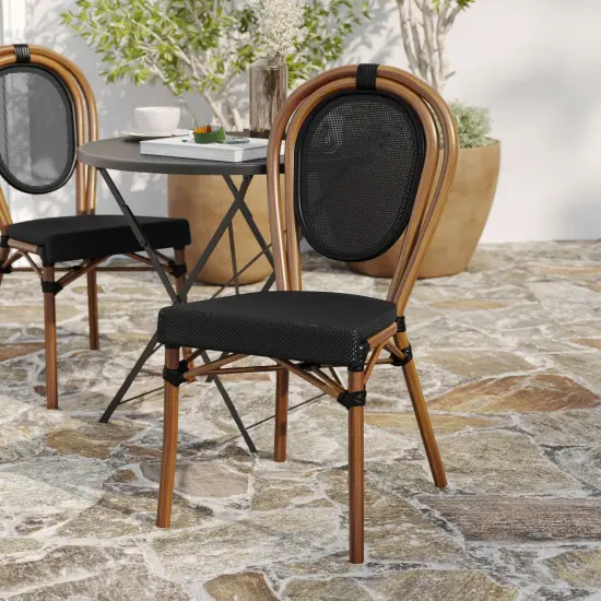 Merrick Lane Mael Stacking Thonet Bistro Style Chair with Textilene Seat and Bamboo Finished Metal Frame for Indoor/Outdoor Use Black&White/LightNat {9}