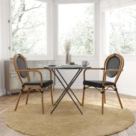 Merrick Lane Celia Stacking Thonet Bistro Style Chair, PE Rattan Seat, and Metal Frame for Indoor/Outdoor Use White&Gray/Natural {1}