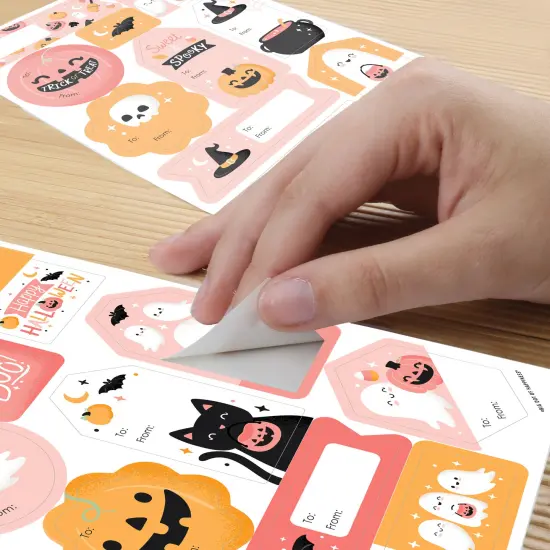 Big Dot of Happiness Pastel Halloween - Assorted Pink Pumpkin Birthday Party Gift Tag Labels - To and From Treat Stickers - 12 Sheets - 120 Stickers {5}