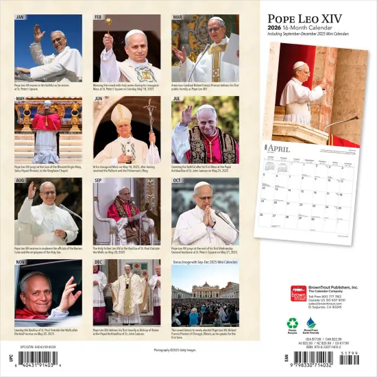 Pope Leo XIV | 2026 12 x 24 Inch (Hanging) Monthly Square Wall Calendar {2}