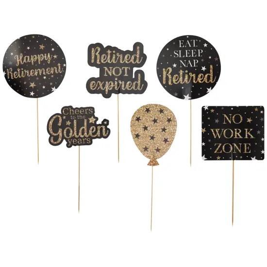 Happy Retirement Decorations Party Centerpieces, Black and Gold Stick Table Toppers, 5 Designs (30 Pieces) {3}
