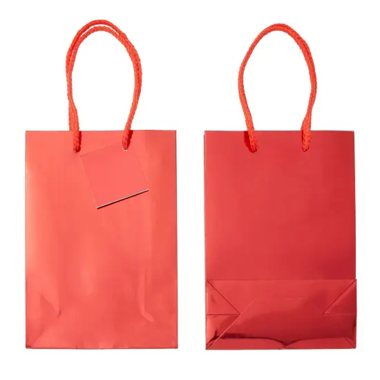 20-Pack Small Glossy Gift Bags with Handles, 5.5x2.5x7.9-Inch Paper Bags with Foil Coating, White Tissue Paper Sheets, and Tags for Small Business (Red) {7}