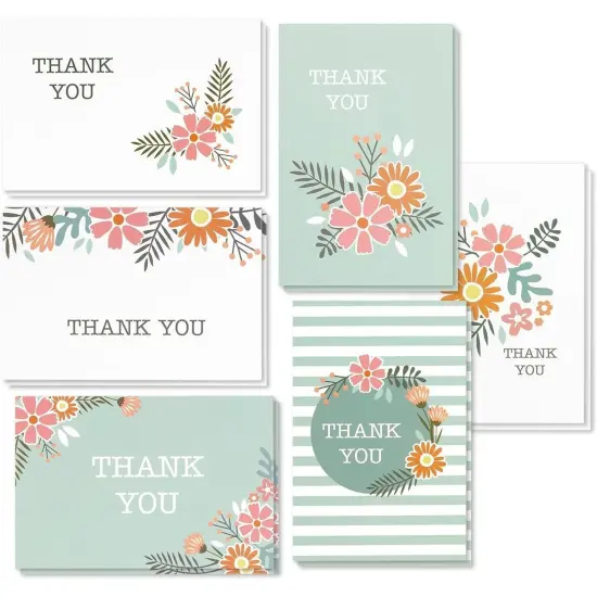48-Count Thank You Cards with Envelopes, Blank Thank You Greeting Notes Notecards Bulk Box Set, 6 Floral Designs for Baby and Bridal Showers Wedding Birthday, Green and White, 4 x 6 inches {1}