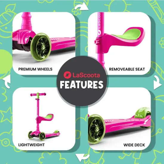 LaScoota 2-in-1 Kids Kick Scooter, Adjustable Height Handlebars and Removable Seat, 3 LED Lighted Wheels and Anti-Slip Deck, for Boys & Girls Aged 3-14 and up to 100 lbs, Fun Scooter with Seat Pink {3}