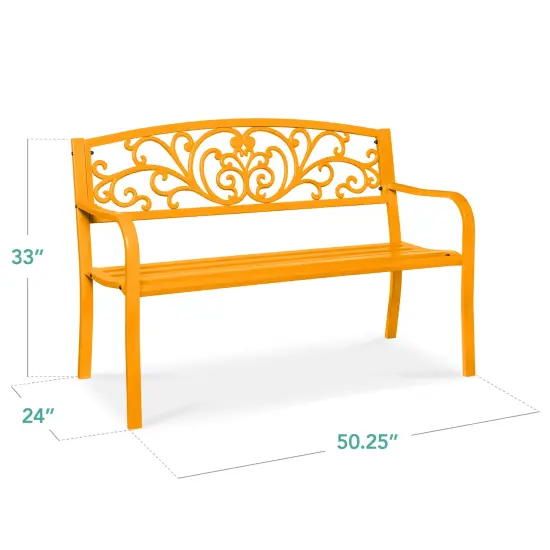 Best Choice Products Outdoor Steel Bench Garden Patio Porch Furniture w/ Floral Design Backrest Marigold {2}