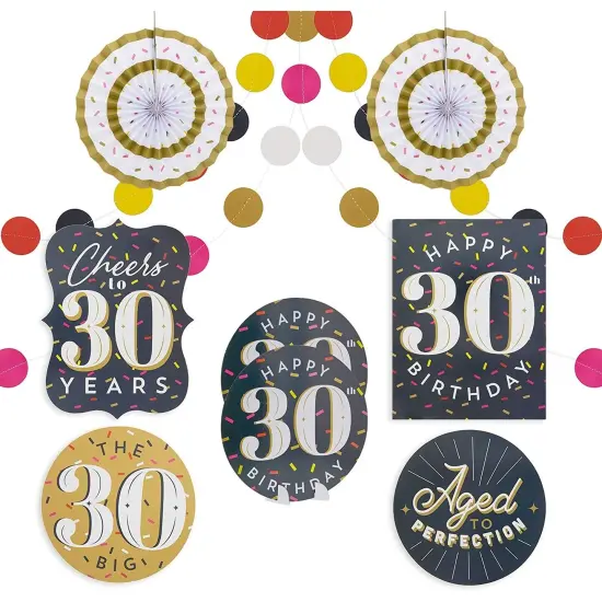 30th Birthday D&eacute;cor, Includes Table Centerpieces, Wall Sign, Ceiling Decorations and Confetti String (12 Pieces) Multicolor {1}