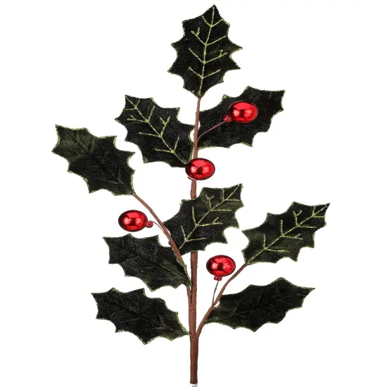 27" Dark Green Velvet Holly Leaf Spray with Red Berry Ball - Elegant Christmas Floral Decoration {1}