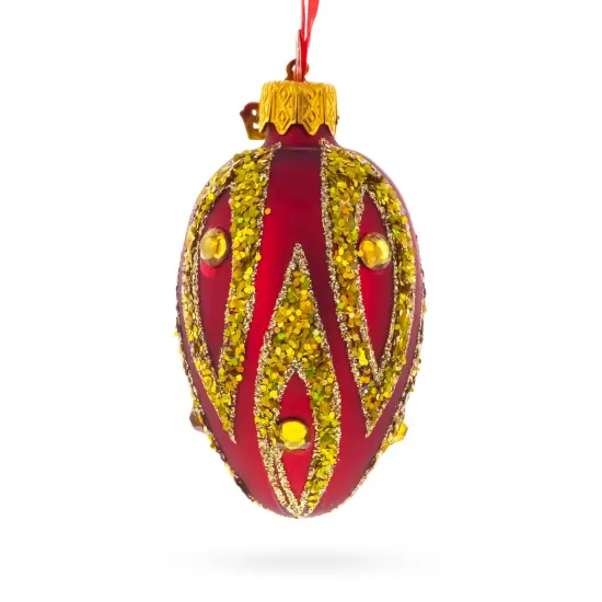 Red with Gold and Green Glitter Flame Design Mini Glass Egg Ornament 2.9 Inches {3}