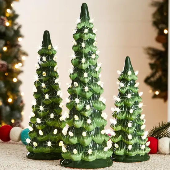 Set of 3 Pre-Lit Green Ceramic Christmas Trees {2}