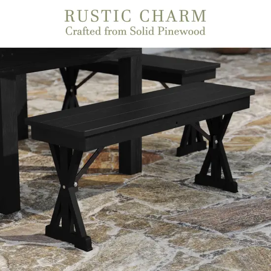 Merrick Lane Tinsley 40" x 12" Solid Pine Folding Farmhouse Style Bench, Rustic Pinewood Folding Dining Bench with Locking X-Legs Black Wash {3}