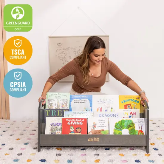 3-Shelf Floor Book Display with Handles, Beginner Bookshelf Grey Wash {5}