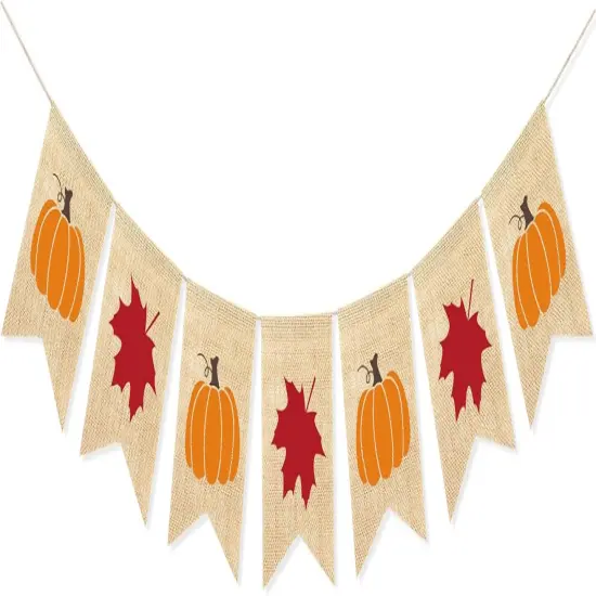 Burlap Pumpkin Maple Leaves Banner (Red, Orange) {1}