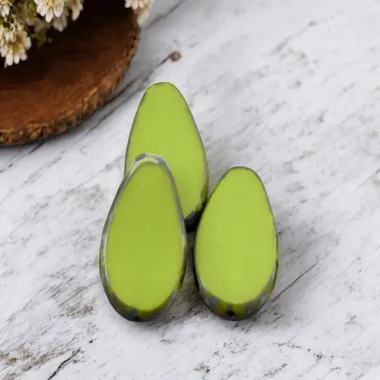 12x18mm Opaque Advacado Green Picasso Table Cut Flat Teardrop Beads {5}