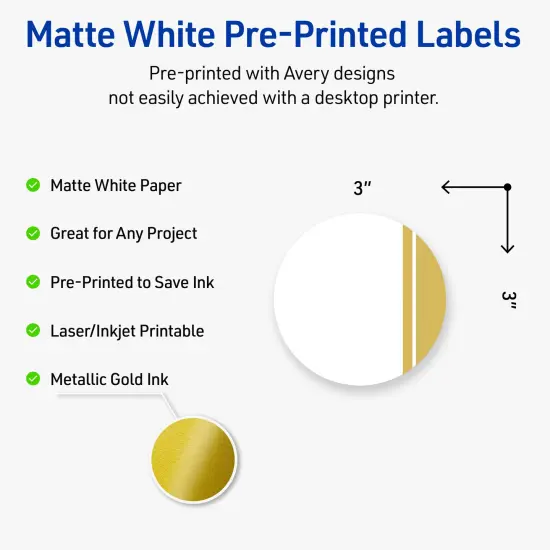Avery Printable Round Labels, Gold Double-Dipped Edge, 3" Diameter, Matte White Round Labels, Permanent, Laser/Inkjet, 60ct, Great for Product Labels {2}