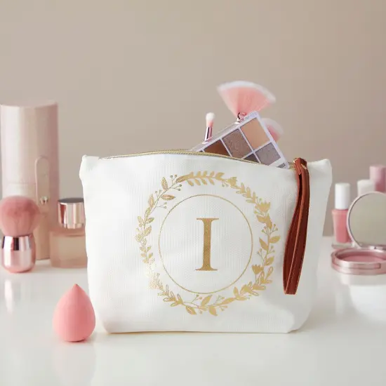 Gold Initial I Personalized Makeup Bag for Women, Monogrammed Canvas Cosmetic Pouch (White, 10 x 3 x 6 In) {2}