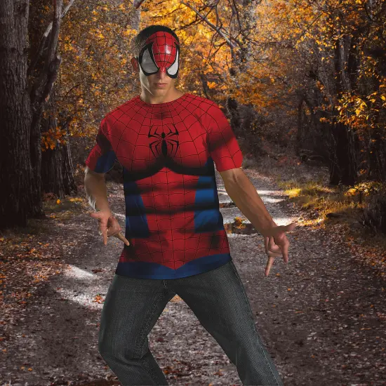 Spider Man Costume Kit For Men With Printed Shirt And Character Mask Set {1}
