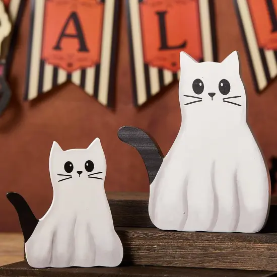 2 Pcs Halloween Decorations - White Cat Wooden Table Tiered Tray Signs {2}