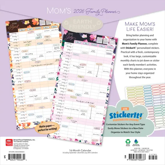 Mom's Family Planner | 2026 12 x 24 Inch (Hanging) Monthly Square Wall Calendar | Matte Paper and Sticker Sheet | Plastic-Free {2}