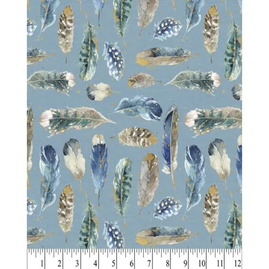 Painted Feathers Blue Cotton Fabric | By the Yard | Sewing and Crafting | 44 inches wide {1}