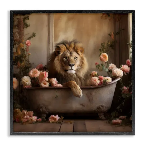 Stupell Industries Lion in Flower Filled Tub Framed Giclee Art White Frame {7}