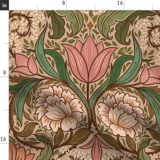 Various Fabrics by the Yard or Fat Quarter Arts And Crafts Pink Green Hand Drawn Floral Scroll Traditional Heritage Revival Custom Printed Fabric by Spoonflower {2}